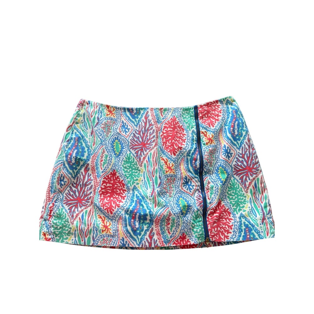 Lilly Pulitzer Women Multi Color Coral Print Mini Skirt Size 10 Front Zip Cotton